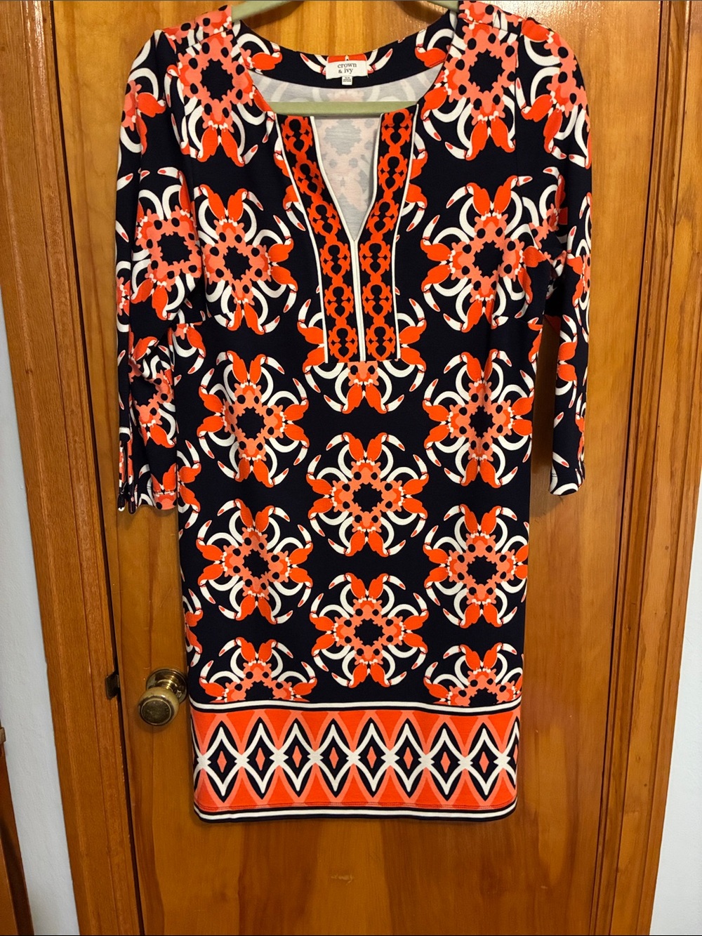 crown & ivy Navy Dress with Bright Orange Pattern